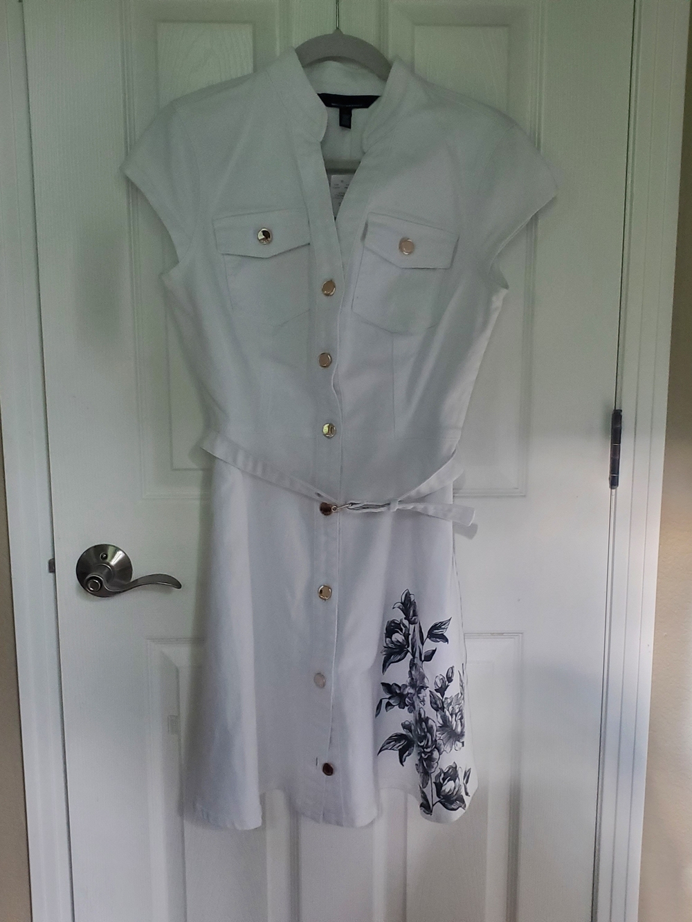 White House Black Market White Midi Shirt Dress with Black Floral Print